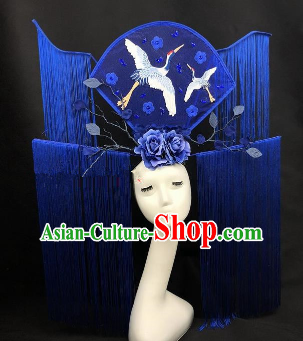 Chinese Traditional Palace Exaggerated Headdress Catwalks Blue Tassel Crane Hair Accessories for Women