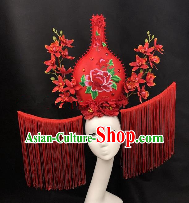 Chinese Traditional Palace Exaggerated Headdress Catwalks Red Flowers Hair Accessories for Women