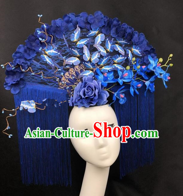 Chinese Traditional Palace Exaggerated Headdress Catwalks Blue Lace Butterfly Hair Accessories for Women