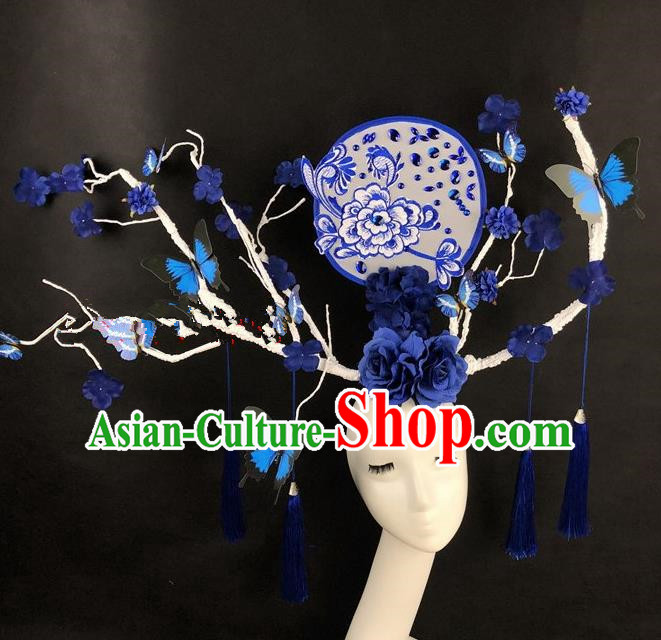 Chinese Traditional Palace Exaggerated Headdress Catwalks Blue Flowers Branch Hair Accessories for Women