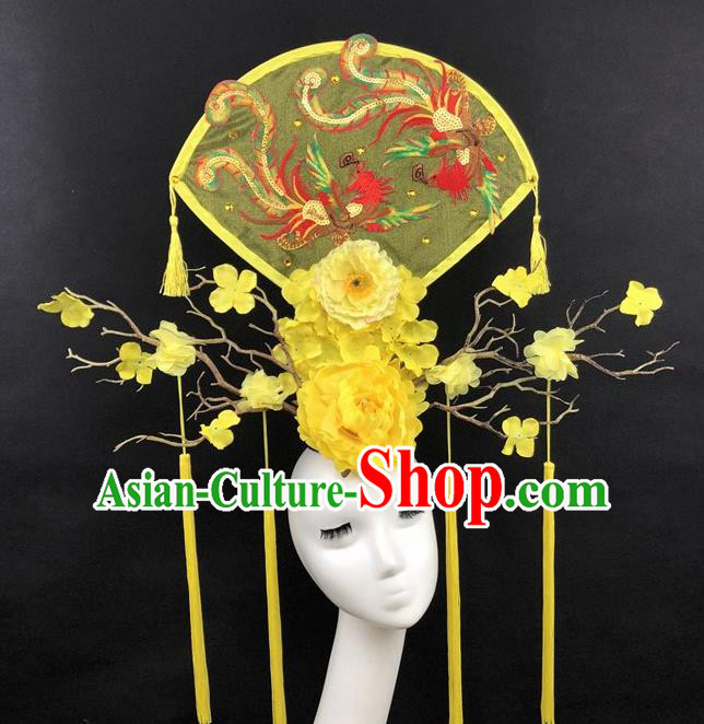 Chinese Traditional Palace Exaggerated Yellow Headdress Catwalks Embroidered Phoenix Hair Accessories for Women