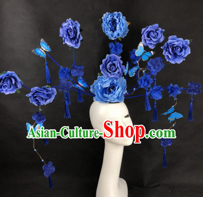 Chinese Traditional Palace Exaggerated Headdress Catwalks Blue Peony Hair Accessories for Women