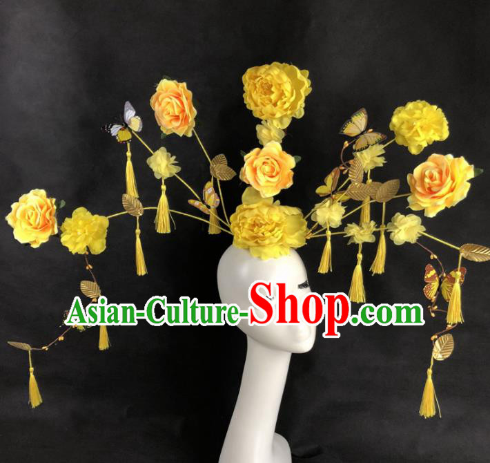 Chinese Traditional Palace Exaggerated Headdress Catwalks Yellow Peony Hair Accessories for Women