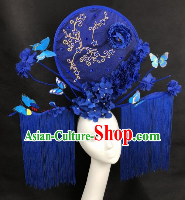Chinese Traditional Palace Exaggerated Headdress Catwalks Blue Butterfly Tassel Hair Accessories for Women