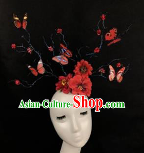 Top Grade Catwalks Hair Accessories Halloween Brazilian Carnival Red Flowers Butterfly Headdress for Kids