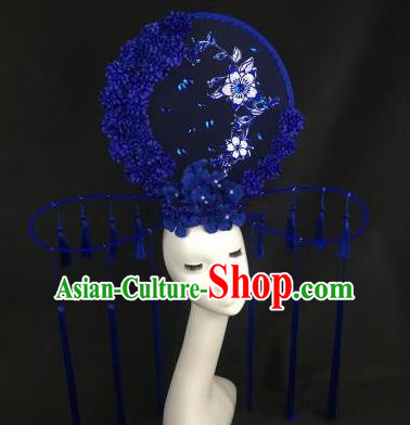 Chinese Traditional Palace Exaggerated Headdress Catwalks Blue Wintersweet Tassel Hair Accessories for Women