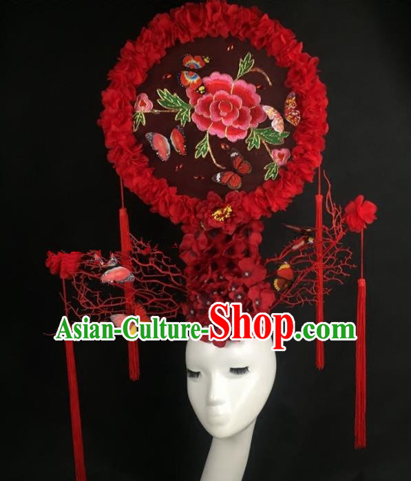 Chinese Traditional Palace Exaggerated Headdress Embroidered Red Peony Catwalks Hair Accessories for Women