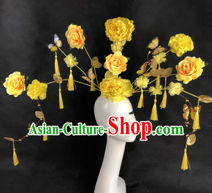 Chinese Traditional Palace Exaggerated Headdress Yellow Peony Catwalks Hair Accessories for Women