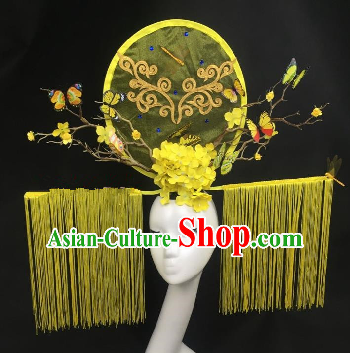 Chinese Traditional Palace Exaggerated Headdress Yellow Tassel Catwalks Hair Accessories for Women