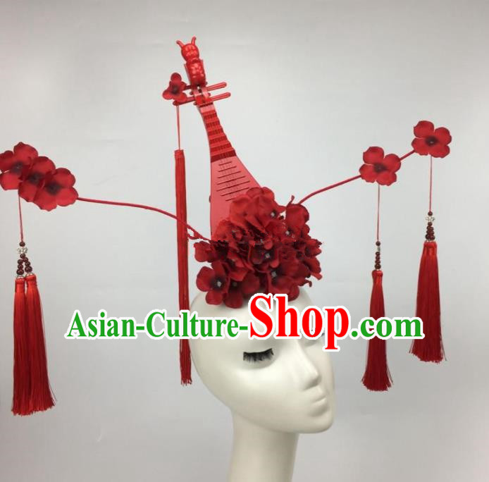 Chinese Traditional Exaggerated Headdress Palace Catwalks Red Flowers Lute Tassel Hair Accessories for Women