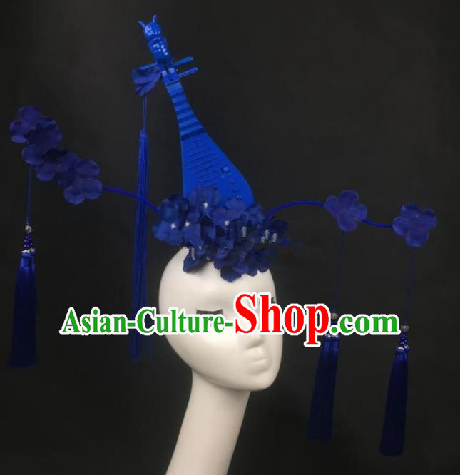 Chinese Traditional Exaggerated Headdress Palace Catwalks Blue Flowers Lute Tassel Hair Accessories for Women