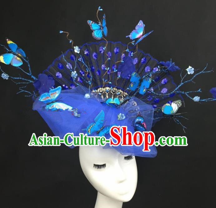 Chinese Traditional Exaggerated Headdress Palace Catwalks Blue Veil Butterfly Hair Accessories for Women