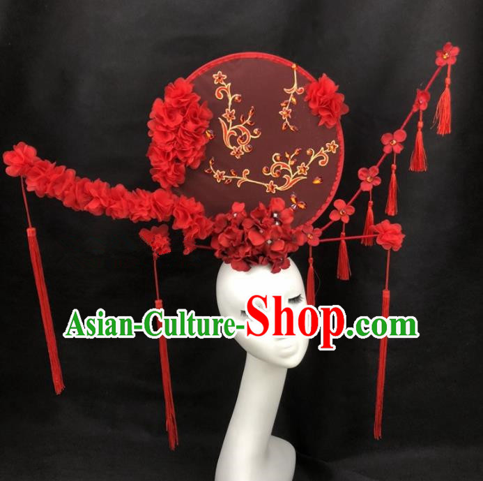 Chinese Traditional Exaggerated Headdress Palace Catwalks Red Flowers Hair Accessories for Women