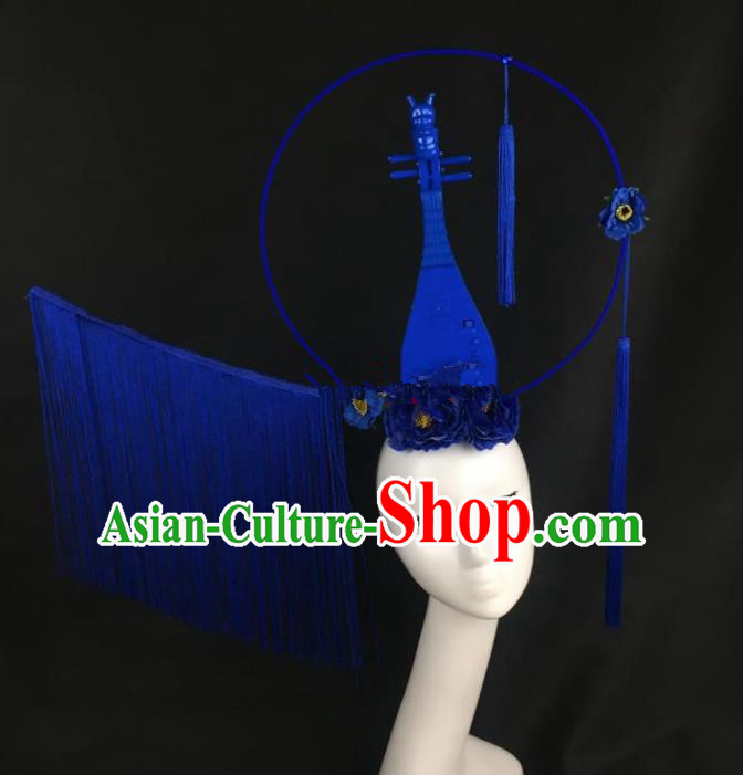 Chinese Traditional Exaggerated Headdress Palace Catwalks Blue Lute Hair Accessories for Women