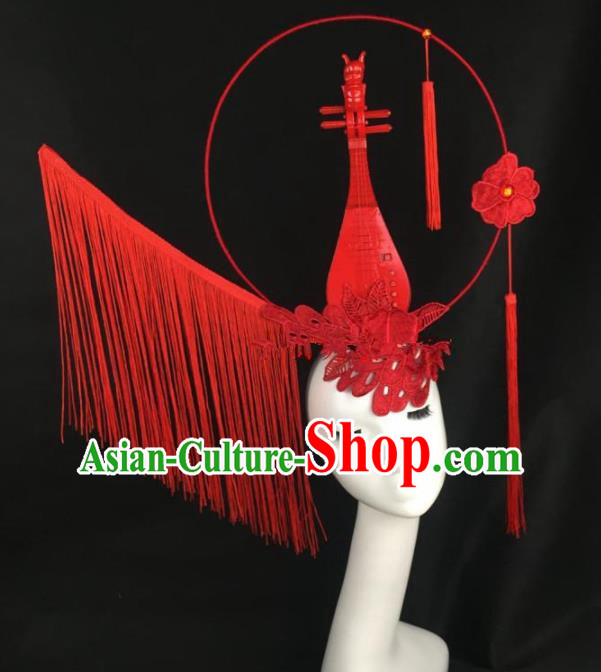 Chinese Traditional Exaggerated Headdress Palace Catwalks Red Lace Lute Hair Accessories for Women
