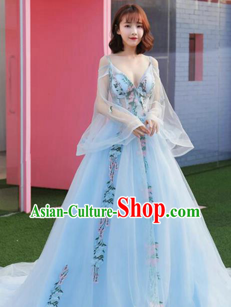 Top Grade Catwalks Costume Flowers Fairy Blue Veil Full Dress for Women