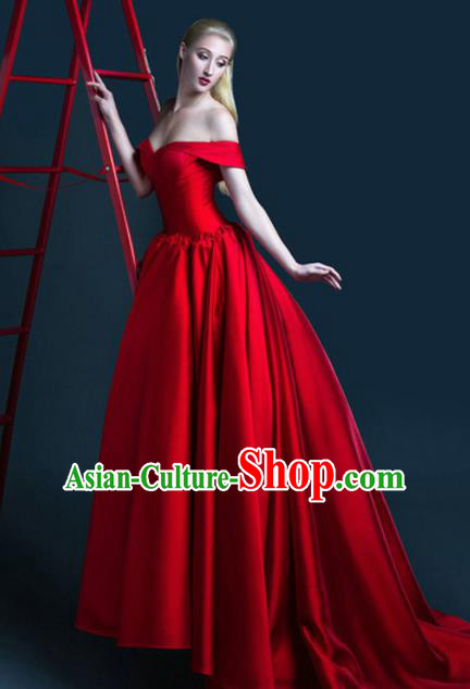 Top Grade Catwalks Costume Red Satin Trailing Full Dress for Women