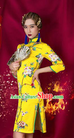 Asian Chinese National Costume Traditional Yellow Cheongsam Qipao Dress for Women