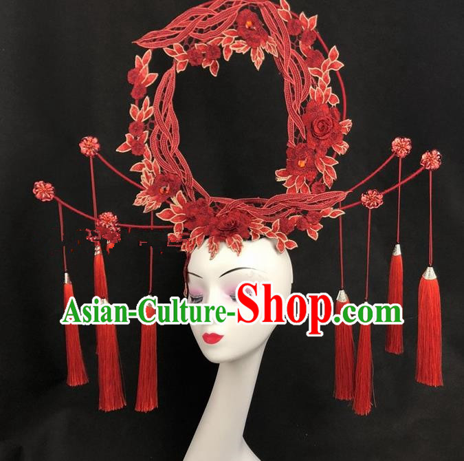 Chinese Traditional Exaggerated Headdress Ancient Catwalks Embroidered Red Peony Hair Accessories for Women