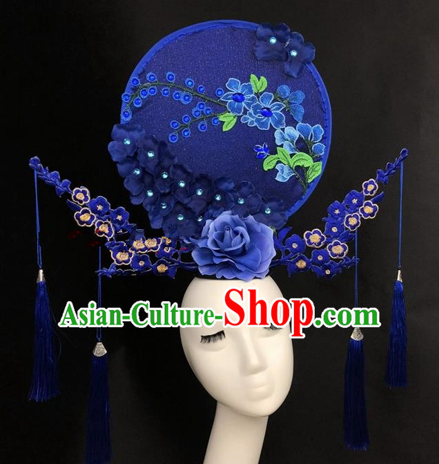 Chinese Traditional Exaggerated Headdress Catwalks Embroidered Blue Flowers Hair Accessories for Women