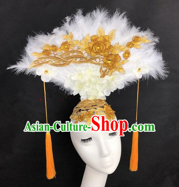 Chinese Traditional Exaggerated Headdress Catwalks White Feather Hair Accessories for Women