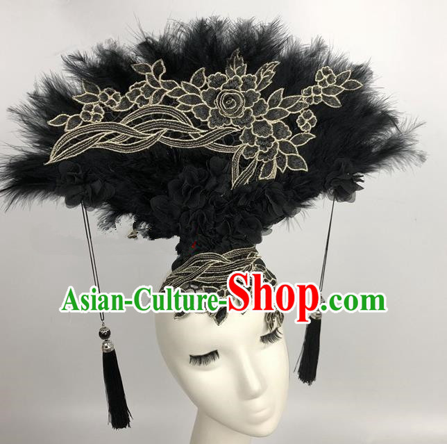 Chinese Traditional Exaggerated Headdress Catwalks Black Feather Hair Accessories for Women