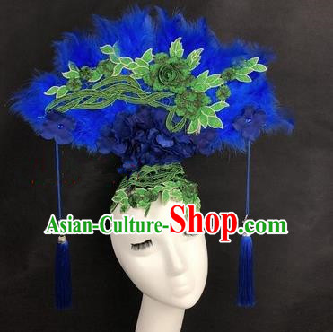 Chinese Traditional Exaggerated Headdress Catwalks Blue Feather Hair Accessories for Women