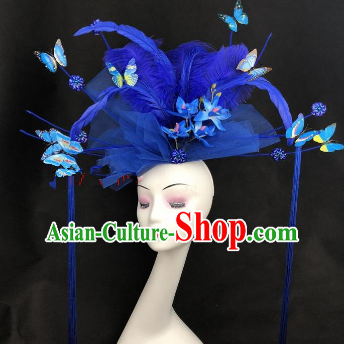 Chinese Traditional Exaggerated Headdress Children Catwalks Blue Veil Feather Hair Accessories for Kids