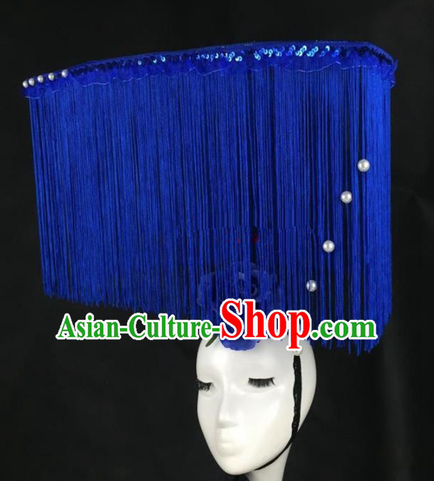Top Grade Catwalks Hair Accessories Halloween Brazilian Carnival Blue Peony Tassel Headdress for Women