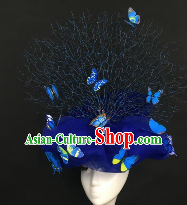 Top Grade Catwalks Hair Accessories Halloween Brazilian Carnival Blue Butterfly Veil Headdress for Women