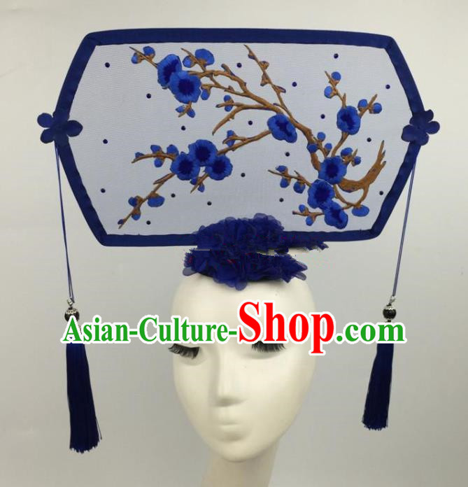 Chinese Traditional Exaggerated Palace Headdress Catwalks Embroidered Blue Wintersweet Hair Accessories for Women