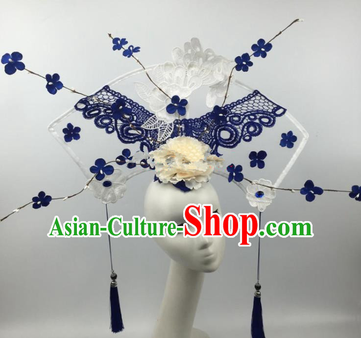Chinese Traditional Exaggerated Palace Headdress Catwalks Blue Lace Flowers Hair Accessories for Women