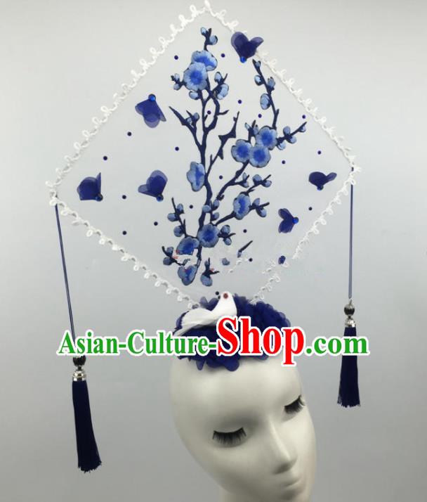 Chinese Traditional Catwalks Exaggerated Headdress Palace Blue Hair Accessories for Women