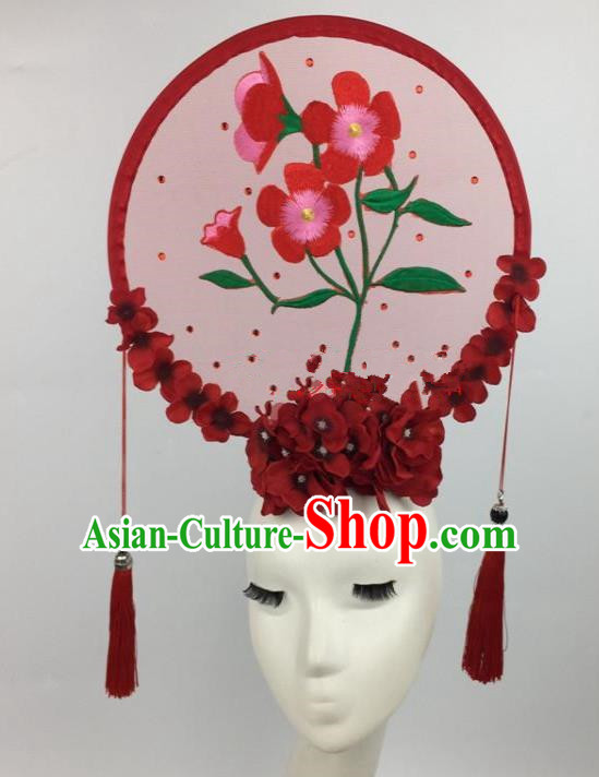 Chinese Traditional Catwalks Exaggerated Headdress Palace Red Flowers Hair Accessories for Women