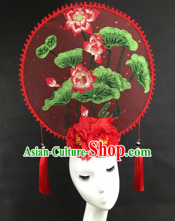 Chinese Traditional Catwalks Exaggerated Headdress Palace Embroidered Lotus Hair Accessories for Women