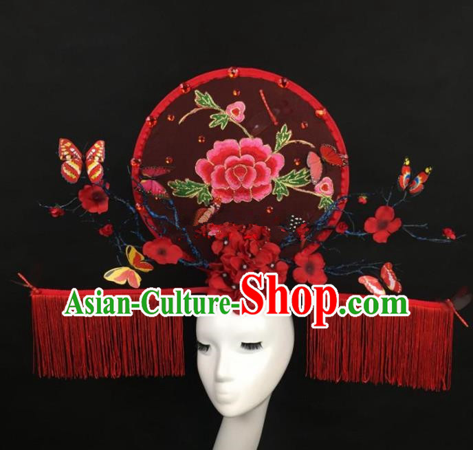 Chinese Traditional Exaggerated Palace Headdress Catwalks Embroidered Peony Red Hair Accessories for Women