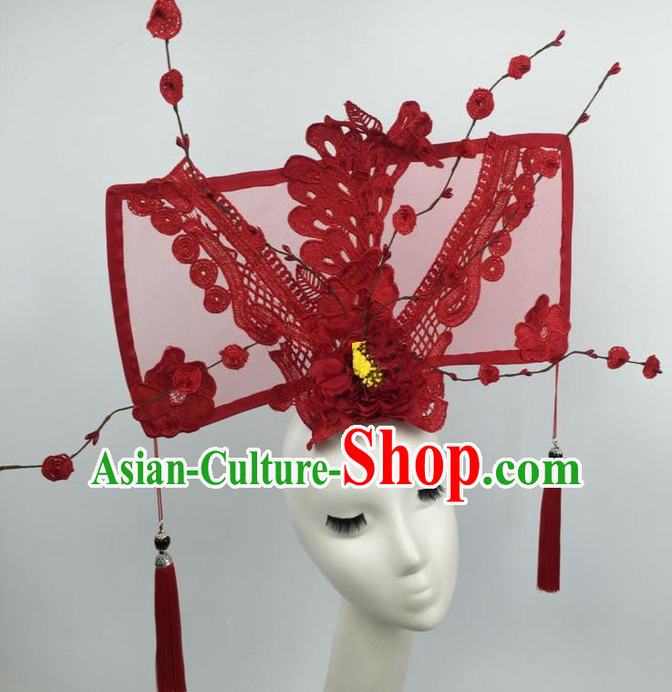 Chinese Traditional Catwalks Exaggerated Red Lace Headdress Palace Hair Accessories for Women
