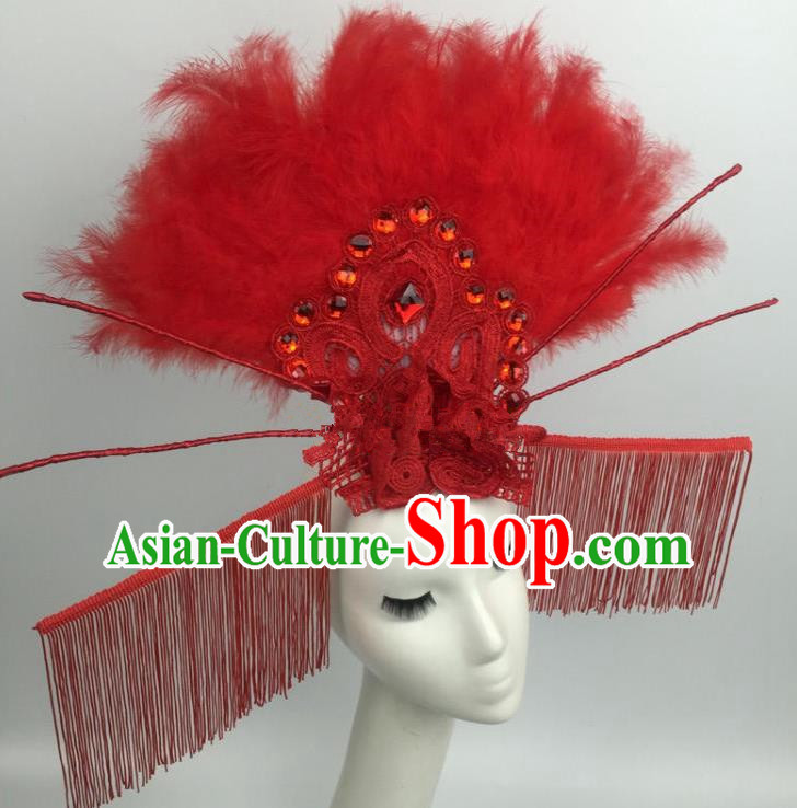 Chinese Traditional Catwalks Exaggerated Red Feather Headdress Palace Hair Accessories for Women