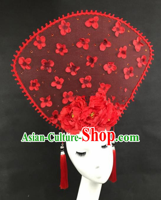 Chinese Traditional Catwalks Red Peony Headdress Palace Exaggerated Hair Accessories for Women
