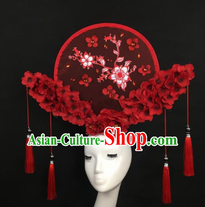 Chinese Traditional Exaggerated Palace Headdress Catwalks Embroidered Red Flowers Hair Accessories for Women