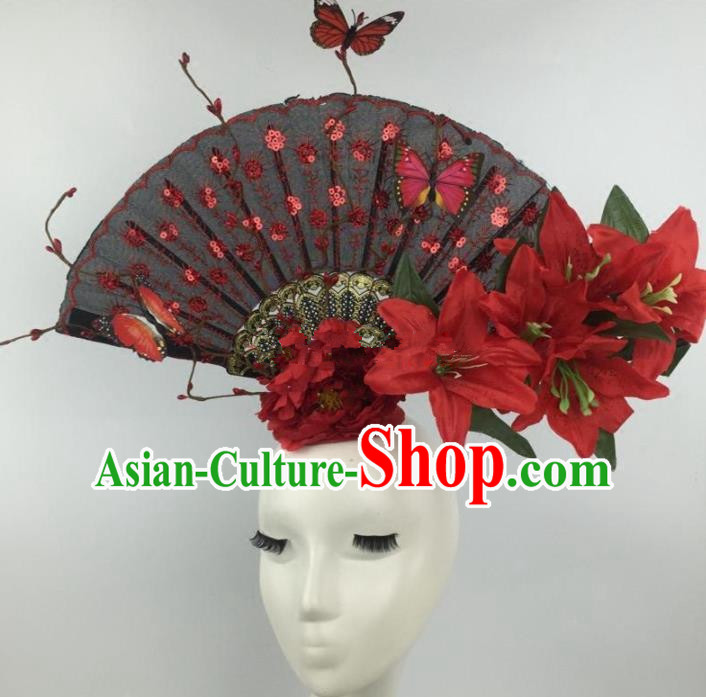 Chinese Traditional Catwalks Red Lily Flowers Headdress Palace Exaggerated Hair Accessories for Women