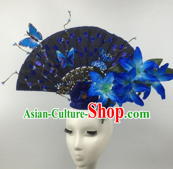 Chinese Traditional Catwalks Blue Lily Flowers Headdress Palace Exaggerated Hair Accessories for Women