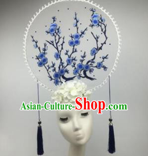 Chinese Traditional Catwalks Embroidered Blue Wintersweet Headdress Palace Exaggerated Hair Accessories for Women