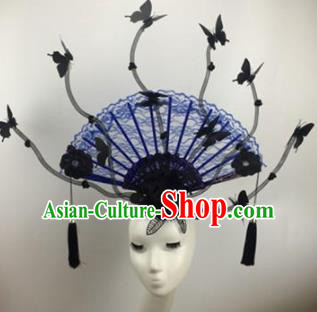 Chinese Traditional Catwalks Blue Lace Butterfly Headdress Palace Exaggerated Hair Accessories for Women