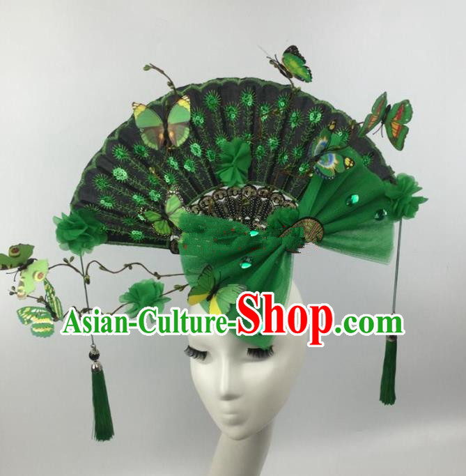 Chinese Traditional Exaggerated Palace Headdress Catwalks Green Lace Bowknot Hair Accessories for Women