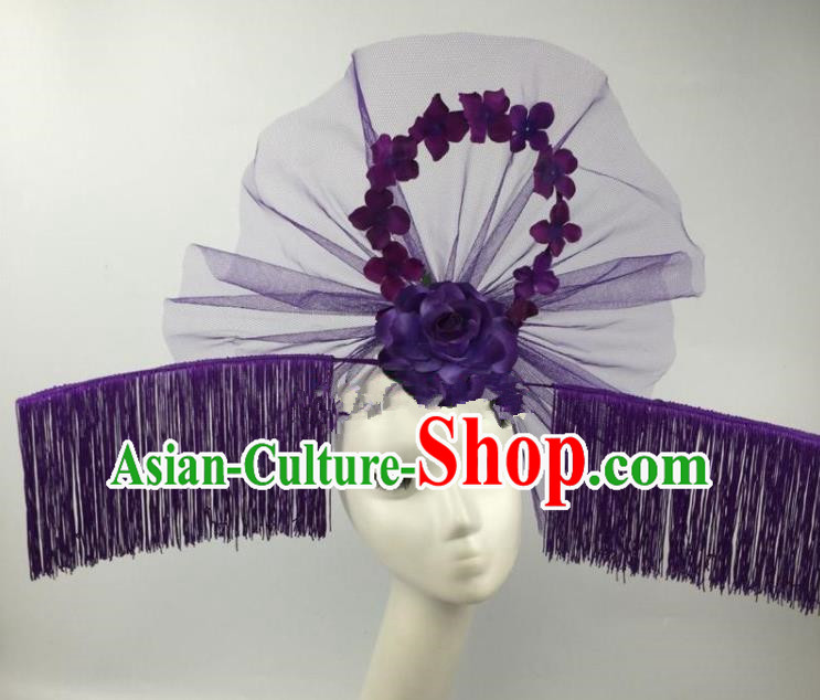 Chinese Traditional Exaggerated Palace Headdress Catwalks Purple Veil Tassel Hair Accessories for Women