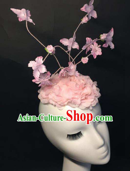 Top Grade Halloween Catwalks Headdress Brazilian Carnival Pink Silk Flowers Top Hat for Women