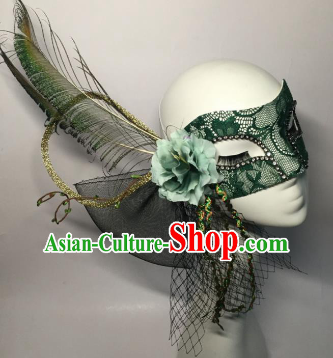 Halloween Exaggerated Accessories Catwalks Green Lace Feather Masks for Women