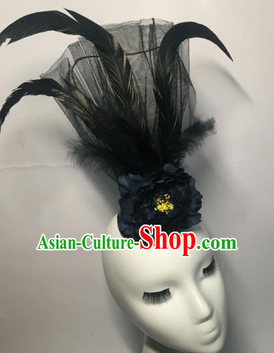 Top Grade Halloween Catwalks Headdress Brazilian Carnival Black Feather Top Hat for Women