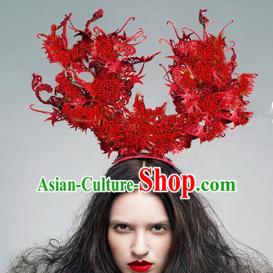 Top Grade Halloween Catwalks Hair Accessories Headdress Palace Red Lace Top Hat for Women